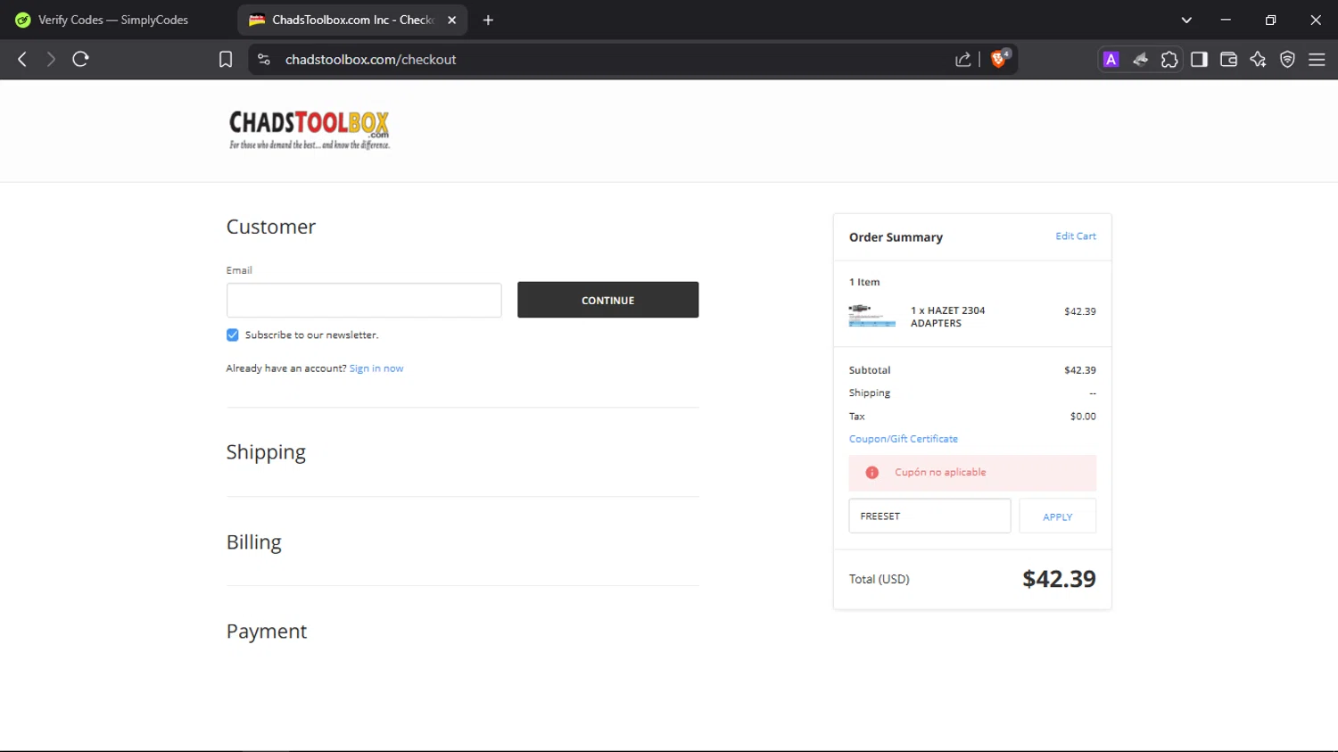 ChadsToolbox.com coupon code screenshot showing code FREESET applied at ChadsToolbox.com checkout page. Uploaded by SimplyCodes community member SmartScholar9589 on Apr 7, 2025