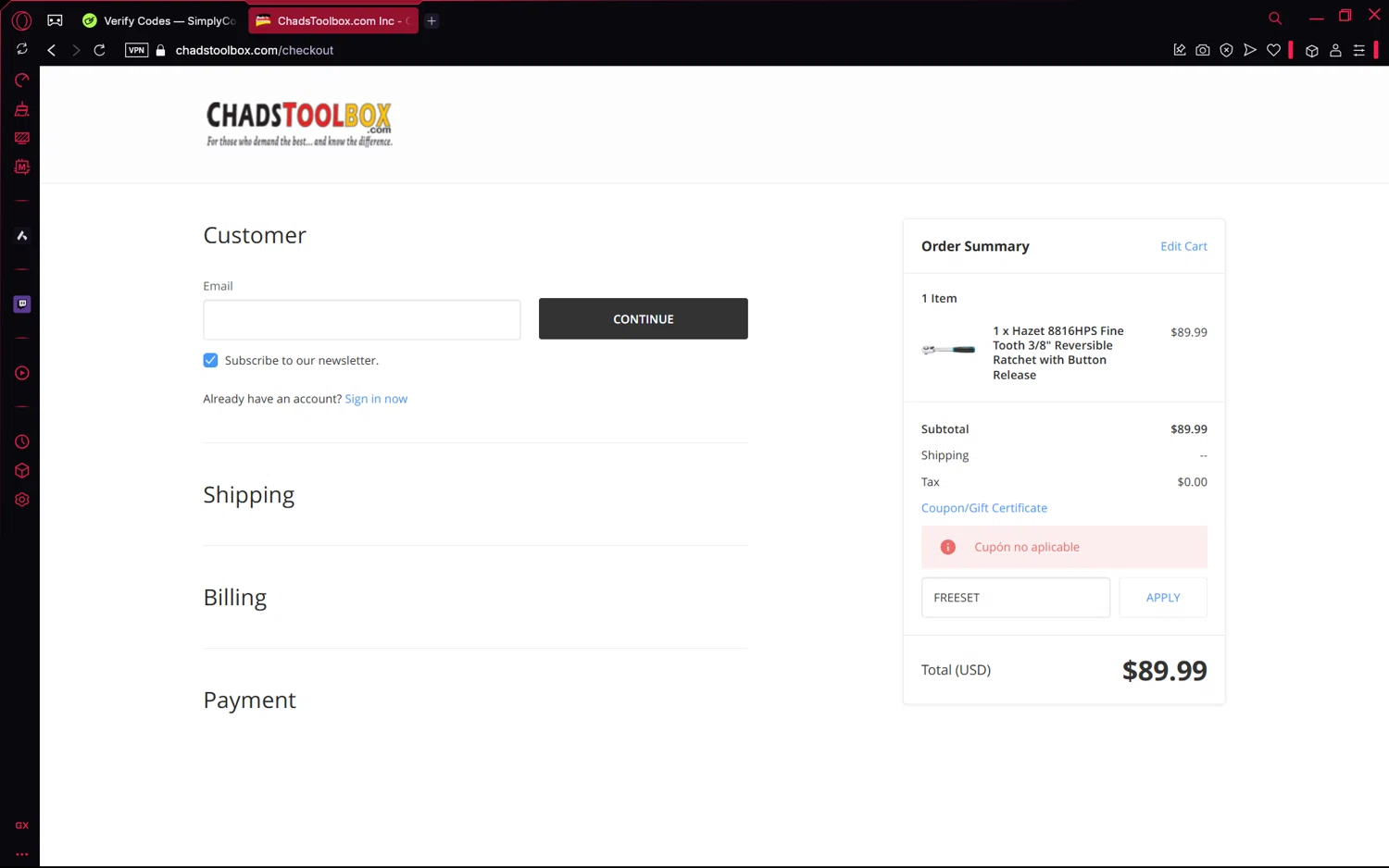 ChadsToolbox.com coupon code screenshot showing code FREESET applied at ChadsToolbox.com checkout page. Uploaded by SimplyCodes community member frijolito on Apr 7, 2025
