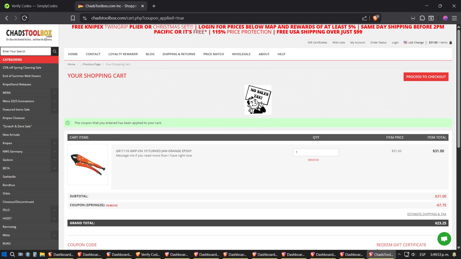 ChadsToolbox.com coupon code screenshot showing code SPRING25 applied at ChadsToolbox.com checkout page. Uploaded by SimplyCodes community member JhonatanGomez on Oct 8, 2025