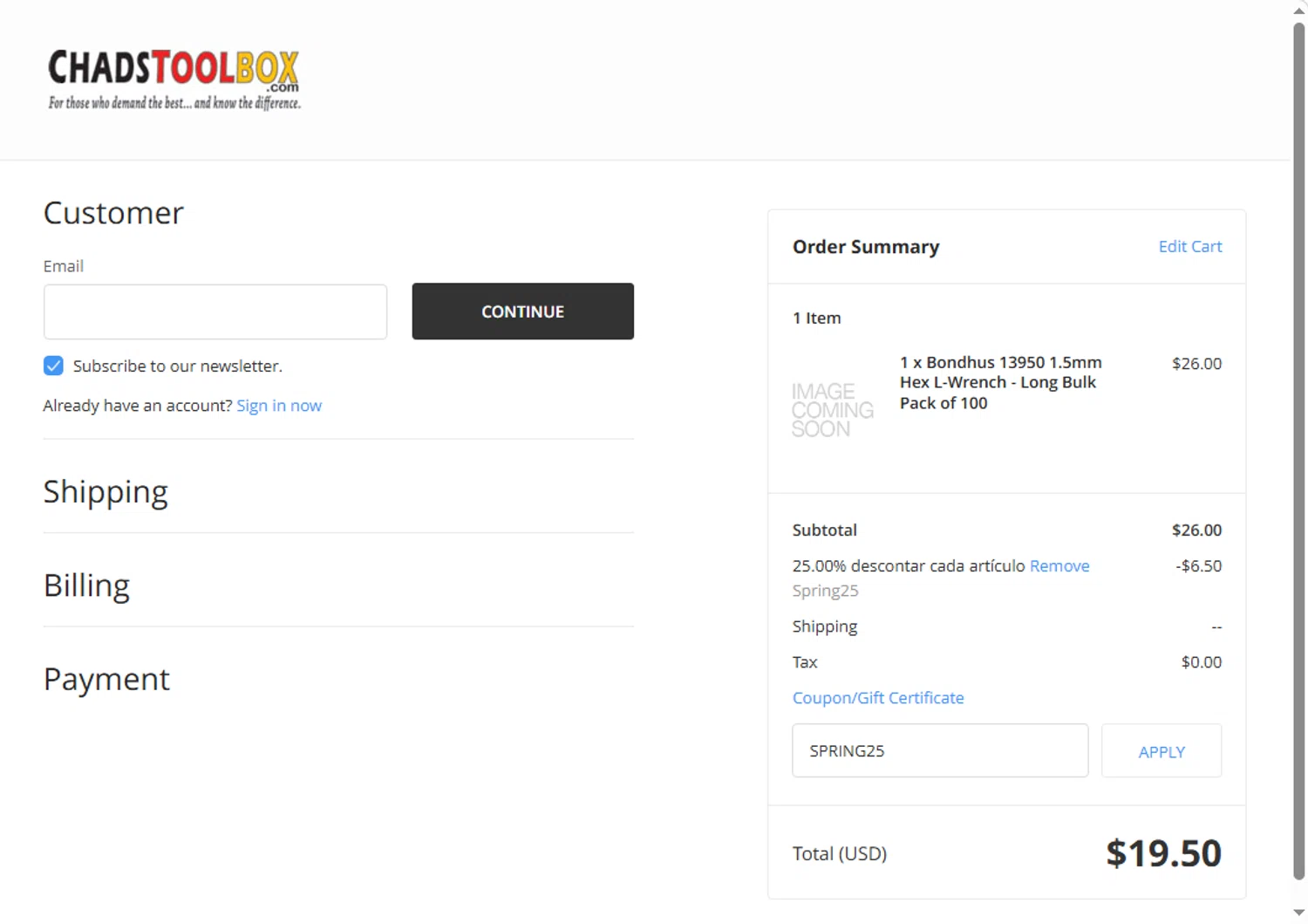ChadsToolbox.com coupon code screenshot showing code SPRING25 applied at ChadsToolbox.com checkout page. Uploaded by SimplyCodes community member sofia_8 on Oct 8, 2025