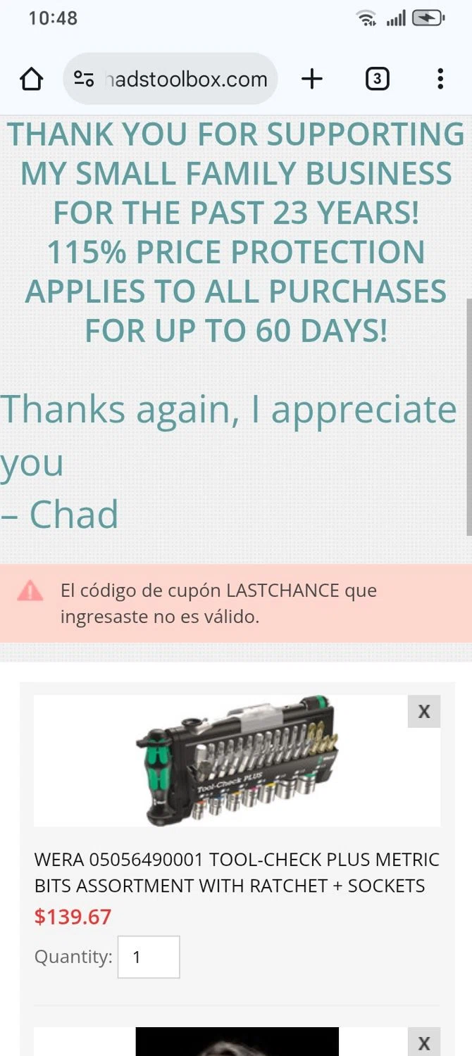ChadsToolbox.com coupon code screenshot showing code LASTCHANCE applied at ChadsToolbox.com checkout page. Uploaded by SimplyCodes community member franksanchez on Jan 8, 2026