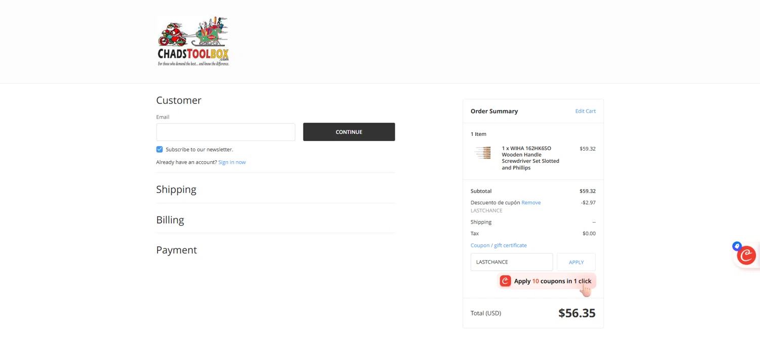 ChadsToolbox.com coupon code screenshot showing code LASTCHANCE applied at ChadsToolbox.com checkout page. Uploaded by SimplyCodes community member Dorothy on Dec 19, 2025