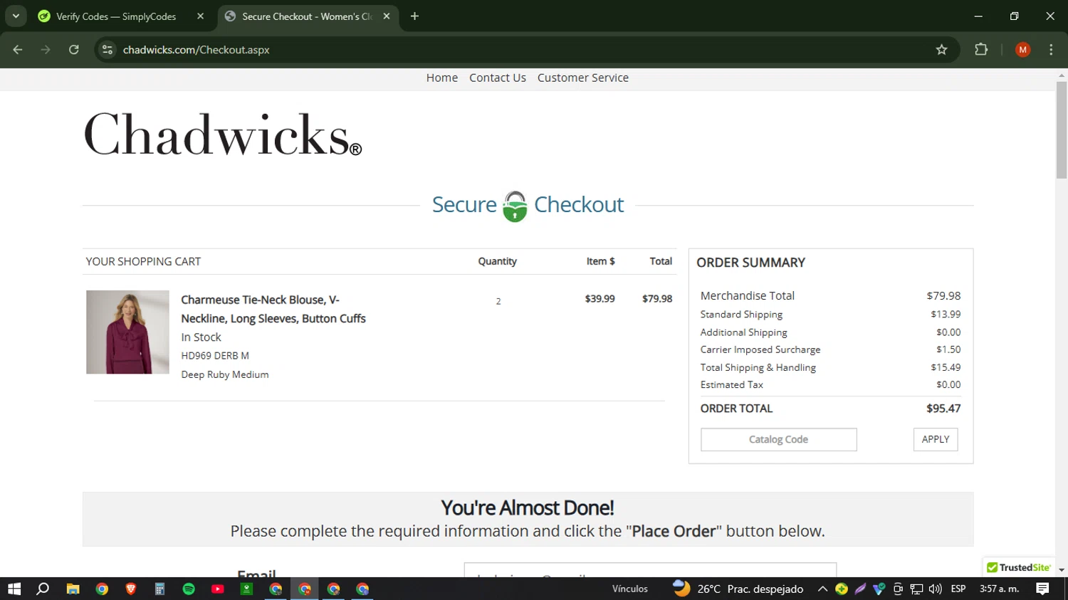 Chadwicks coupon code screenshot showing code CH105632 applied at Chadwicks checkout page. Uploaded by SimplyCodes community member NobleSentinel6058 on Jan 23, 2025