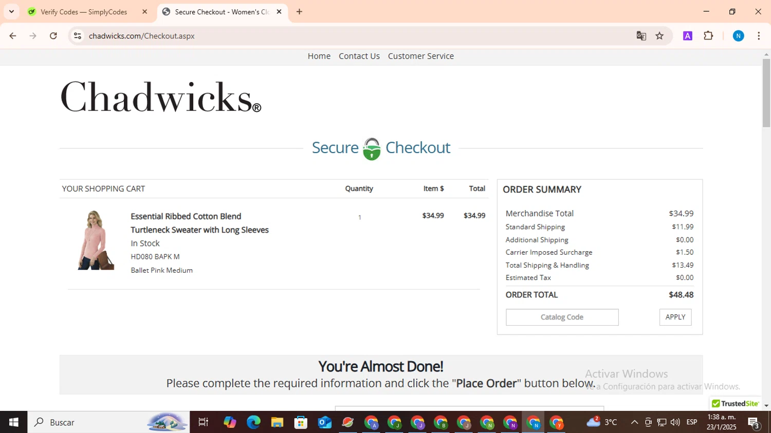 Chadwicks coupon code screenshot showing code CH105632 applied at Chadwicks checkout page. Uploaded by SimplyCodes community member CoinHawk678 on Jan 23, 2025