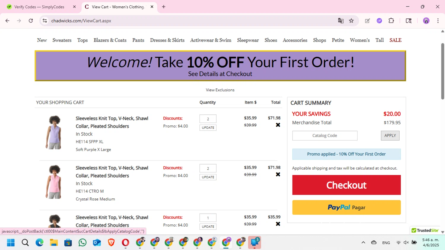 Chadwicks coupon code screenshot showing code Welcome! applied at Chadwicks checkout page. Uploaded by SimplyCodes community member MariAPB on Jun 4, 2025