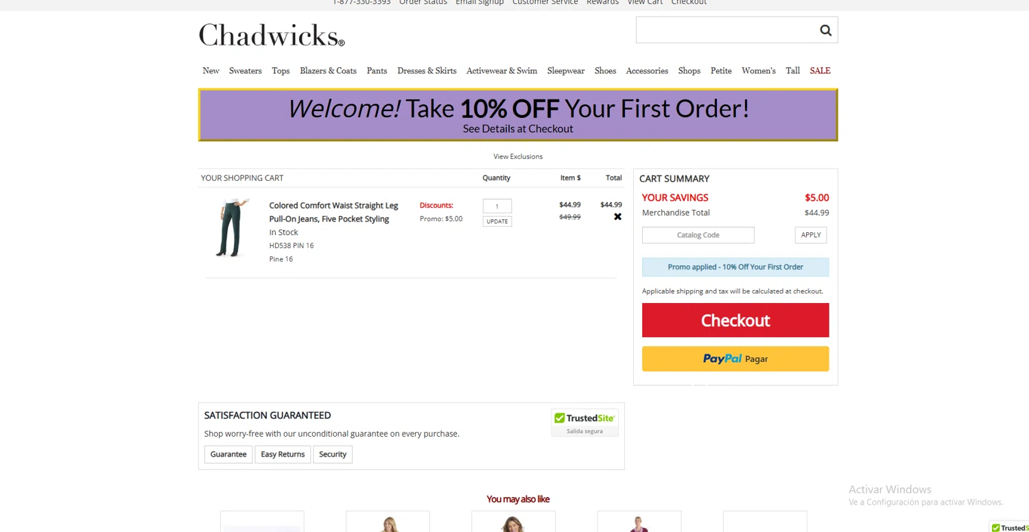 Chadwicks coupon code screenshot showing code Welcome! applied at Chadwicks checkout page. Uploaded by SimplyCodes community member VoucherLynx1047 on Jul 1, 2025