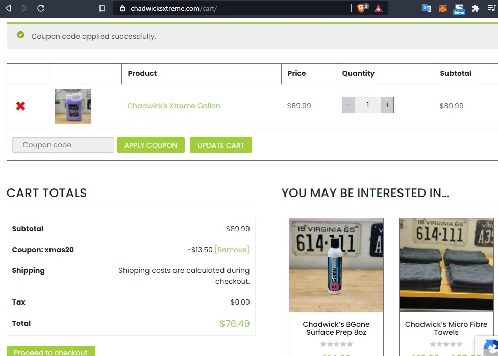 Chadwick's Xtreme checkout page showing Chadwick's Xtreme promo code box | Screenshot taken by SimplyCodes community member on Mar 13, 2021