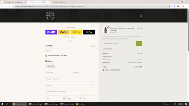 Chagrin Valley Soap and Salve checkout page showing Chagrin Valley Soap and Salve promo code box | Screenshot taken by SimplyCodes community member on Aug 11, 2025