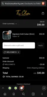 WELCOME10 coupon verification screenshot