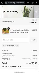 chairliving10 coupon verification screenshot
