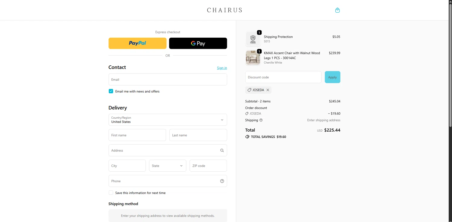 chairus promo code screenshot showing code joseda applied at chairus checkout page. Uploaded by SimplyCodes community member SwiftPhoenix267 on Nov 18, 2025
