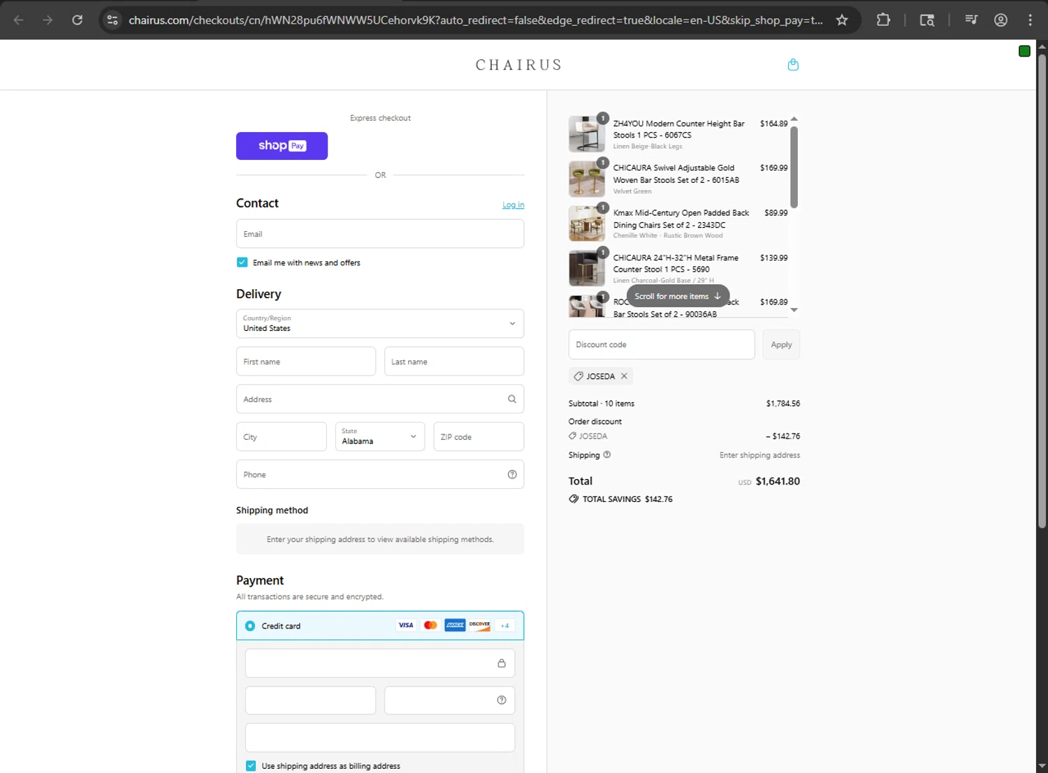 chairus promo code screenshot showing code joseda applied at chairus checkout page. Uploaded by SimplyCodes community member kaiser2 on Aug 23, 2025
