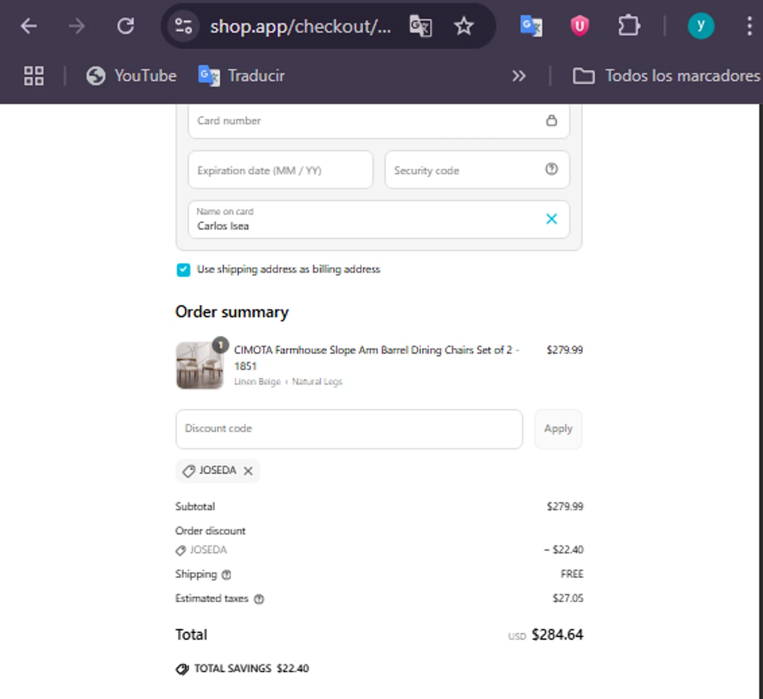 chairus promo code screenshot showing code joseda applied at chairus checkout page. Uploaded by SimplyCodes community member Carolisea on Jun 30, 2025
