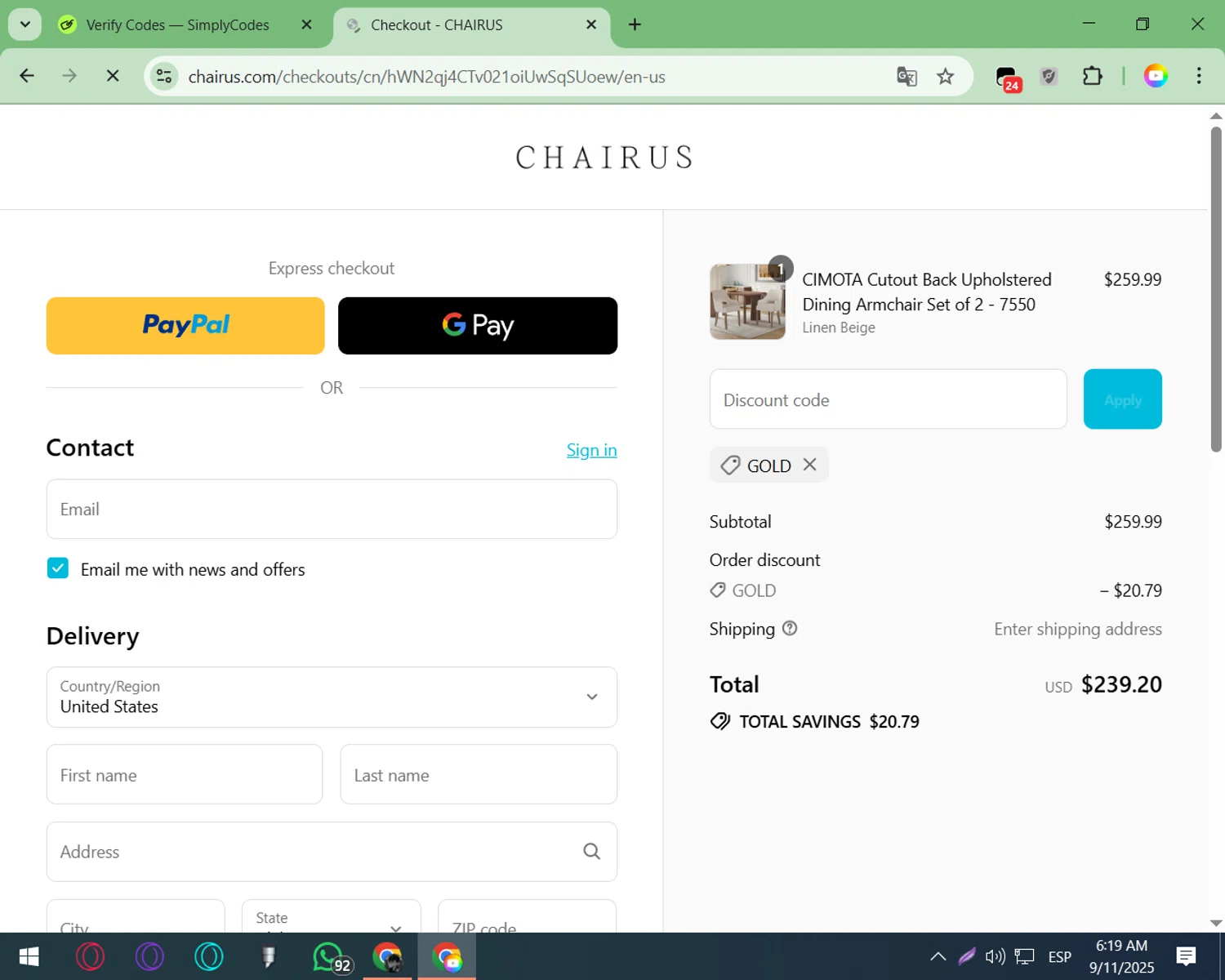 chairus promo code screenshot showing code GOLD applied at chairus checkout page. Uploaded by SimplyCodes community member ArizaJesus on Sep 11, 2025