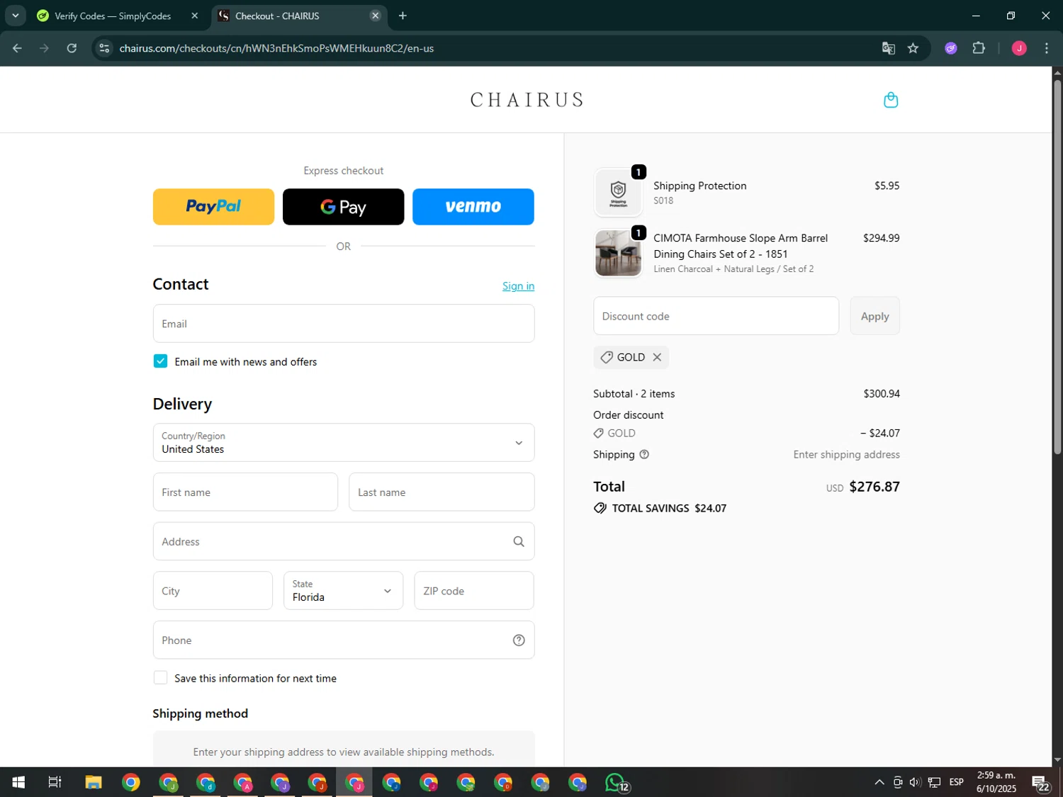 chairus promo code screenshot showing code GOLD applied at chairus checkout page. Uploaded by SimplyCodes community member CleverShopper2101 on Oct 6, 2025