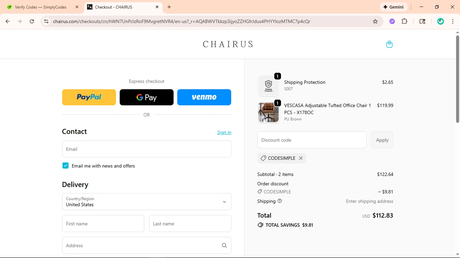 chairus checkout page showing chairus promo code box | Screenshot taken by SimplyCodes community member on Jan 11, 2026