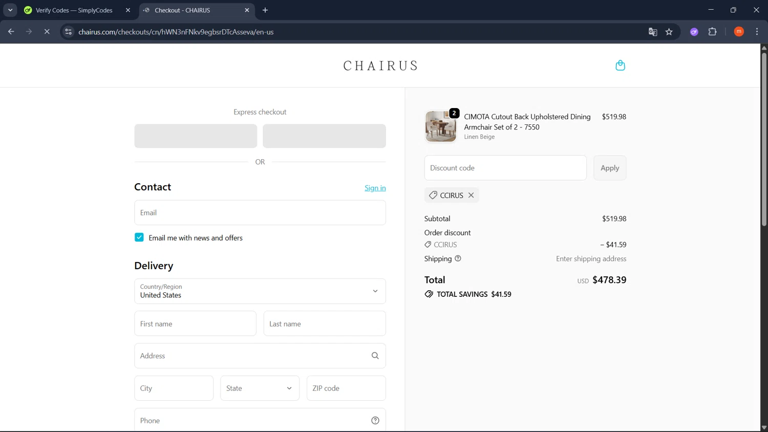 chairus promo code screenshot showing code CCIRUS applied at chairus checkout page. Uploaded by SimplyCodes community member PromoMonarch895 on Oct 6, 2025