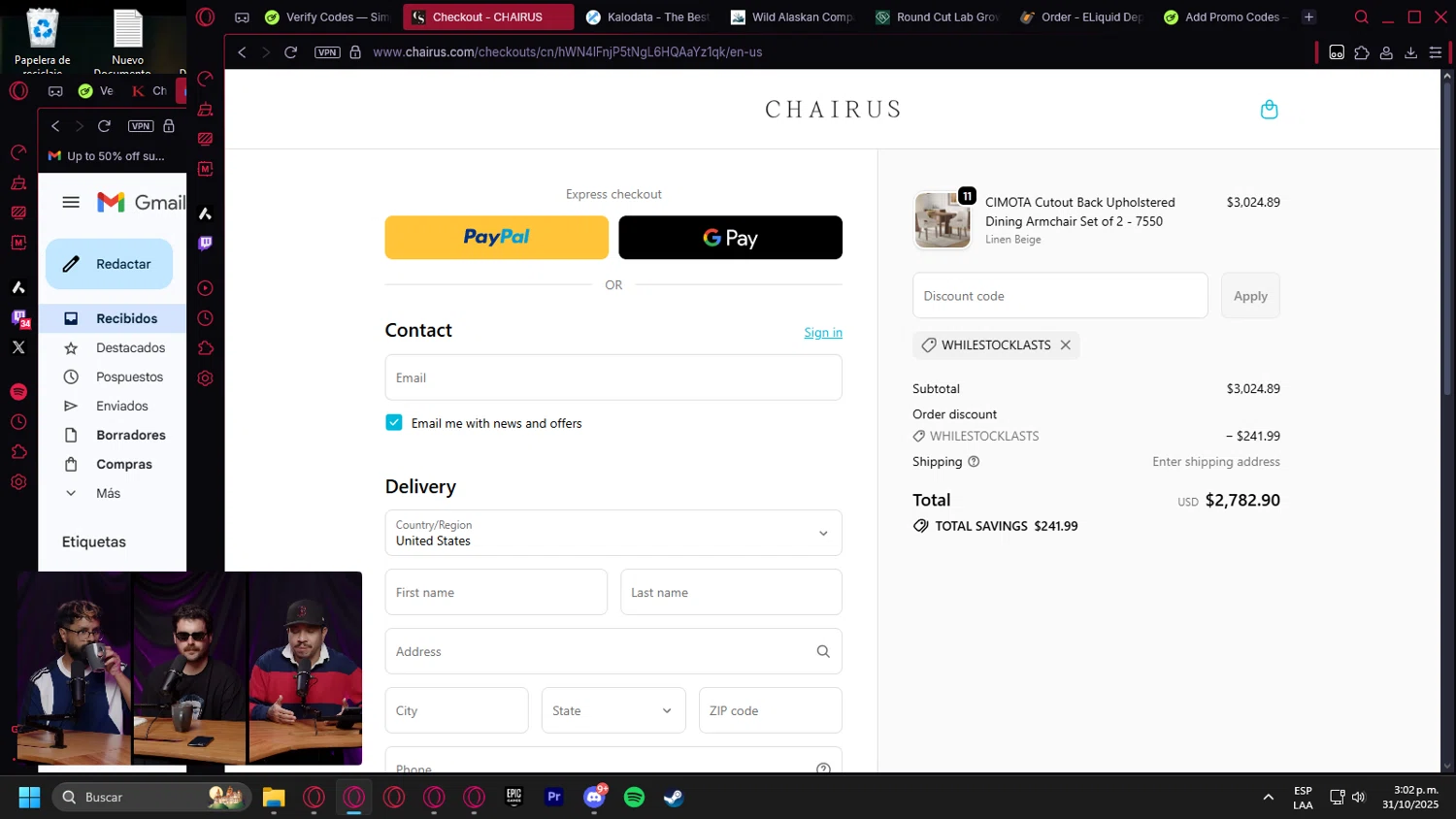 chairus promo code screenshot showing code WHILESTOCKLASTS applied at chairus checkout page. Uploaded by SimplyCodes community member leonardocamacho2 on Oct 31, 2025