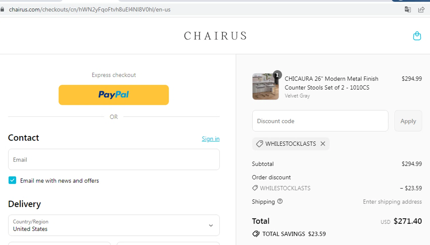 chairus promo code screenshot showing code WHILESTOCKLASTS applied at chairus checkout page. Uploaded by SimplyCodes community member peterlee2345429f on Sep 14, 2025