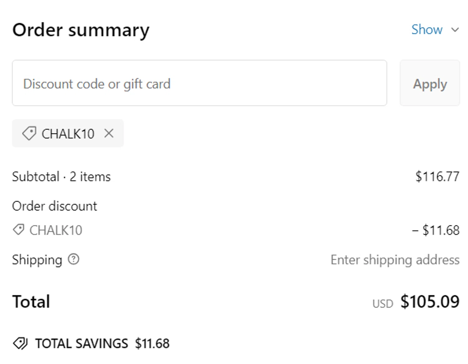 Chalk Line discount code screenshot showing code CHALK10 applied at Chalk Line checkout page. Uploaded by SimplyCodes community member Alemania on Feb 9, 2025