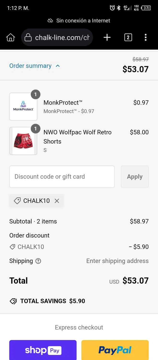 Chalk Line discount code screenshot showing code CHALK10 applied at Chalk Line checkout page. Uploaded by SimplyCodes community member MightyOwl7578 on Feb 5, 2025