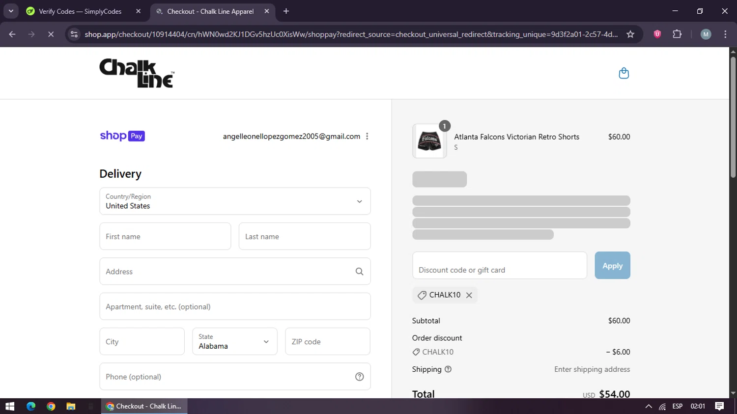 Chalk Line discount code screenshot showing code CHALK10 applied at Chalk Line checkout page. Uploaded by SimplyCodes community member maraxo on Jul 23, 2025
