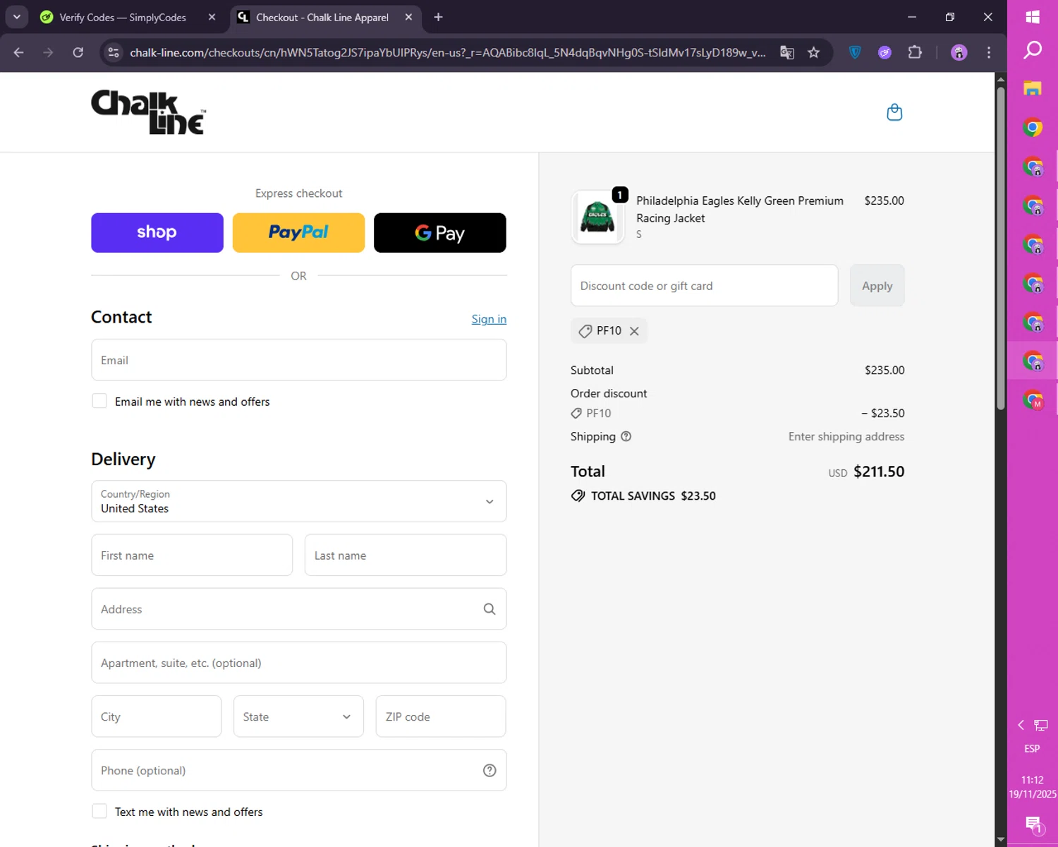 Chalk Line discount code screenshot showing code PF10 applied at Chalk Line checkout page. Uploaded by SimplyCodes community member SmartLion1183 on Nov 19, 2025