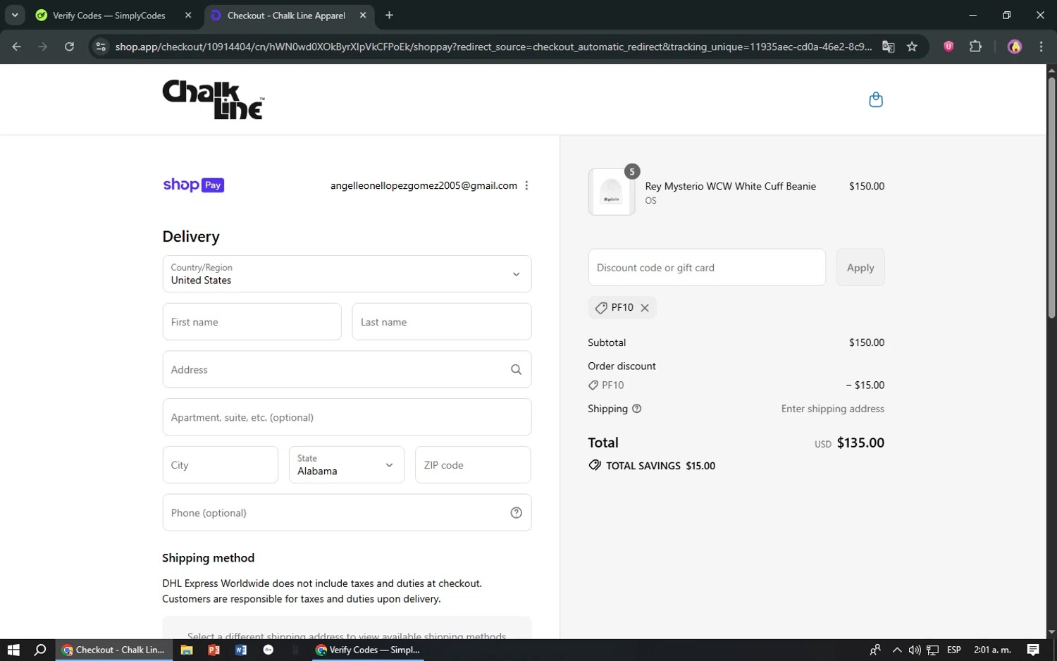 Chalk Line discount code screenshot showing code PF10 applied at Chalk Line checkout page. Uploaded by SimplyCodes community member TreasureShopper9156 on Jul 23, 2025