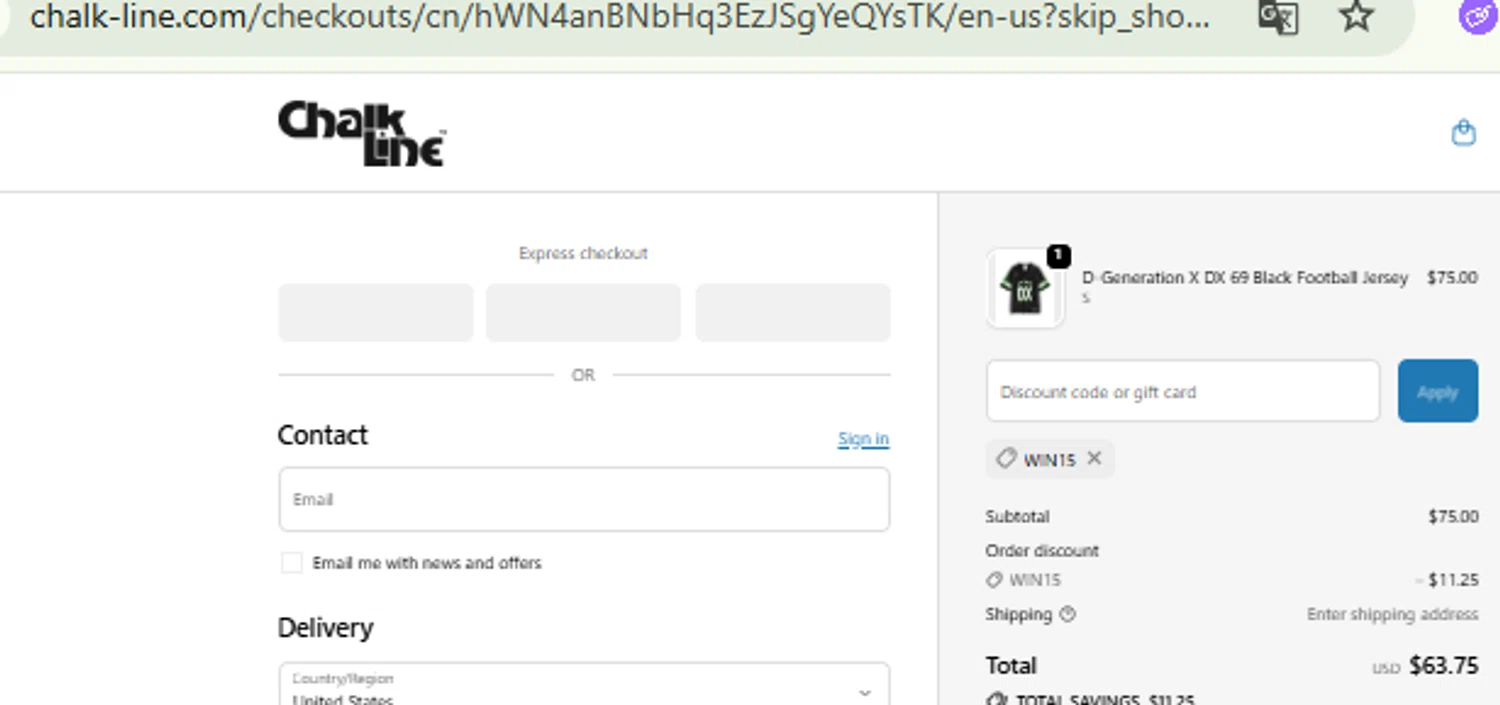 Chalk Line discount code screenshot showing code WIN15 applied at Chalk Line checkout page. Uploaded by SimplyCodes community member CashMaestro9337 on Oct 27, 2025