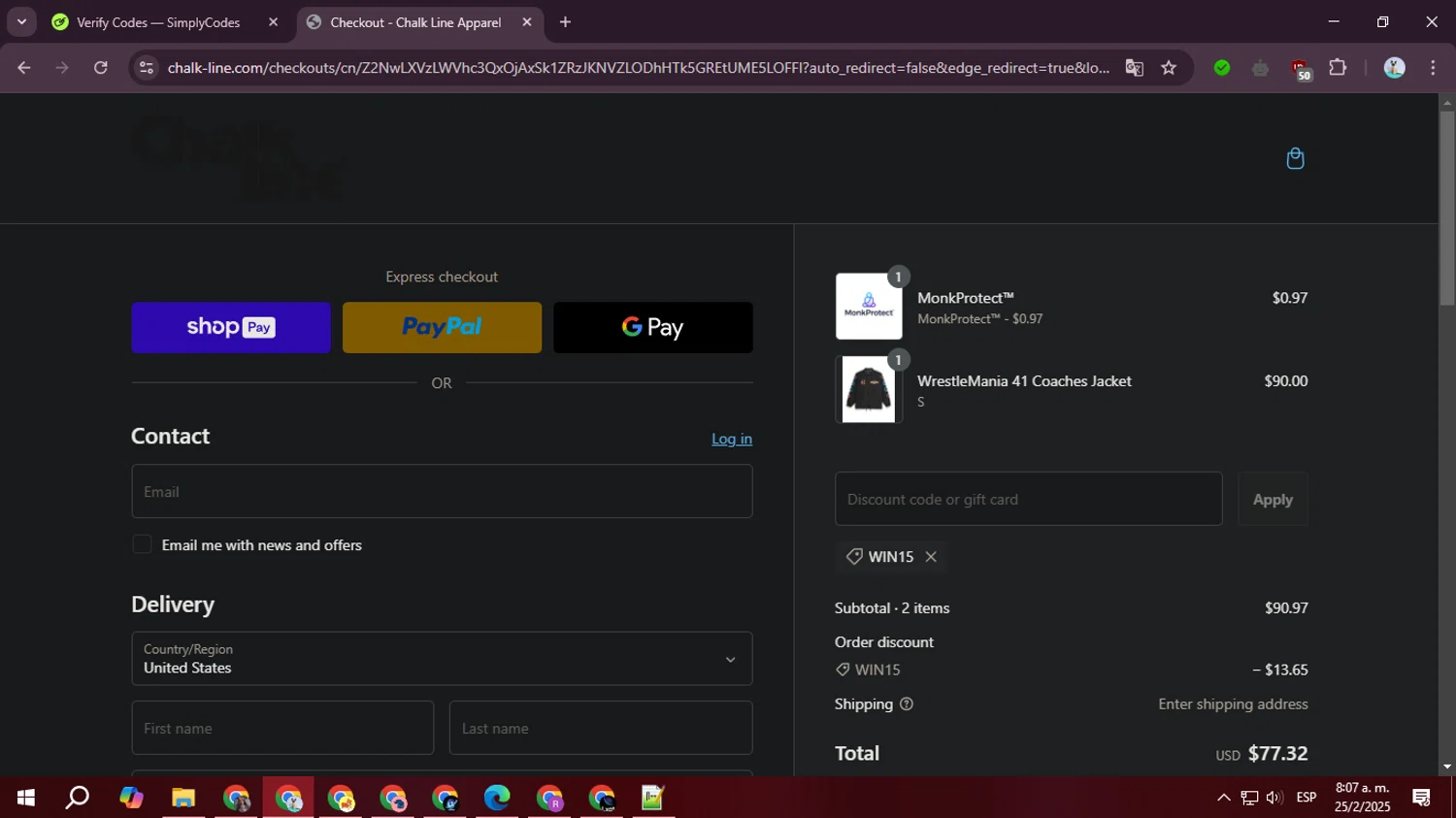Chalk Line discount code screenshot showing code WIN15 applied at Chalk Line checkout page. Uploaded by SimplyCodes community member ValiantLegend7294 on Feb 25, 2025