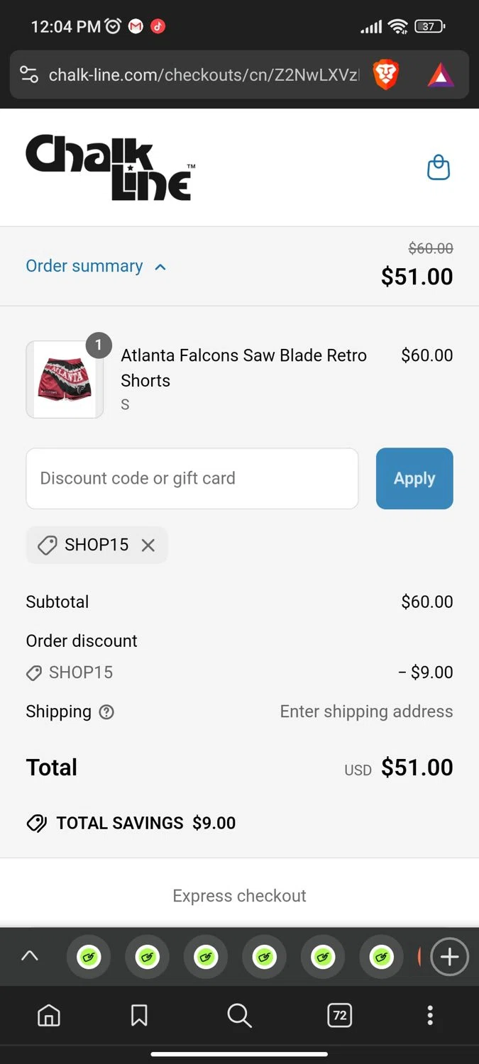 Chalk Line discount code screenshot showing code SHOP15 applied at Chalk Line checkout page. Uploaded by SimplyCodes community member Dejadepicharme on Jun 11, 2025