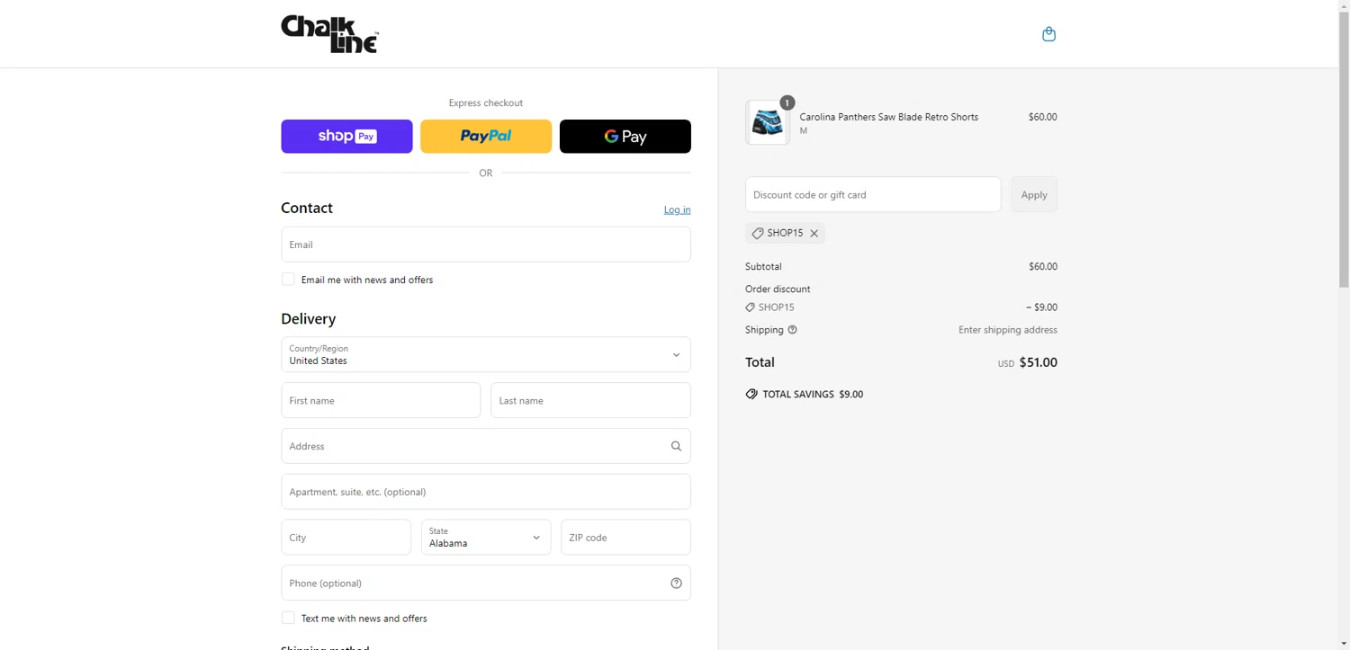 Chalk Line discount code screenshot showing code SHOP15 applied at Chalk Line checkout page. Uploaded by SimplyCodes community member FrugalFalcon3908 on Jun 11, 2025