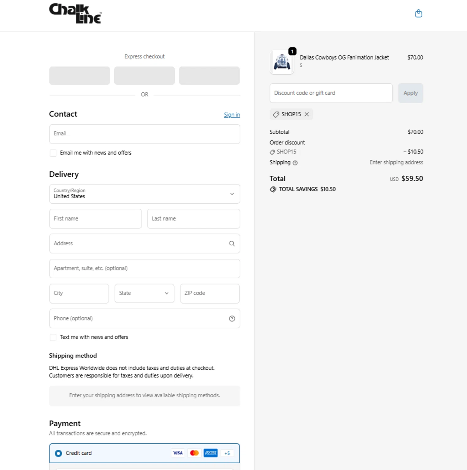 Chalk Line discount code screenshot showing code SHOP15 applied at Chalk Line checkout page. Uploaded by SimplyCodes community member reggiesmith on Jan 24, 2026