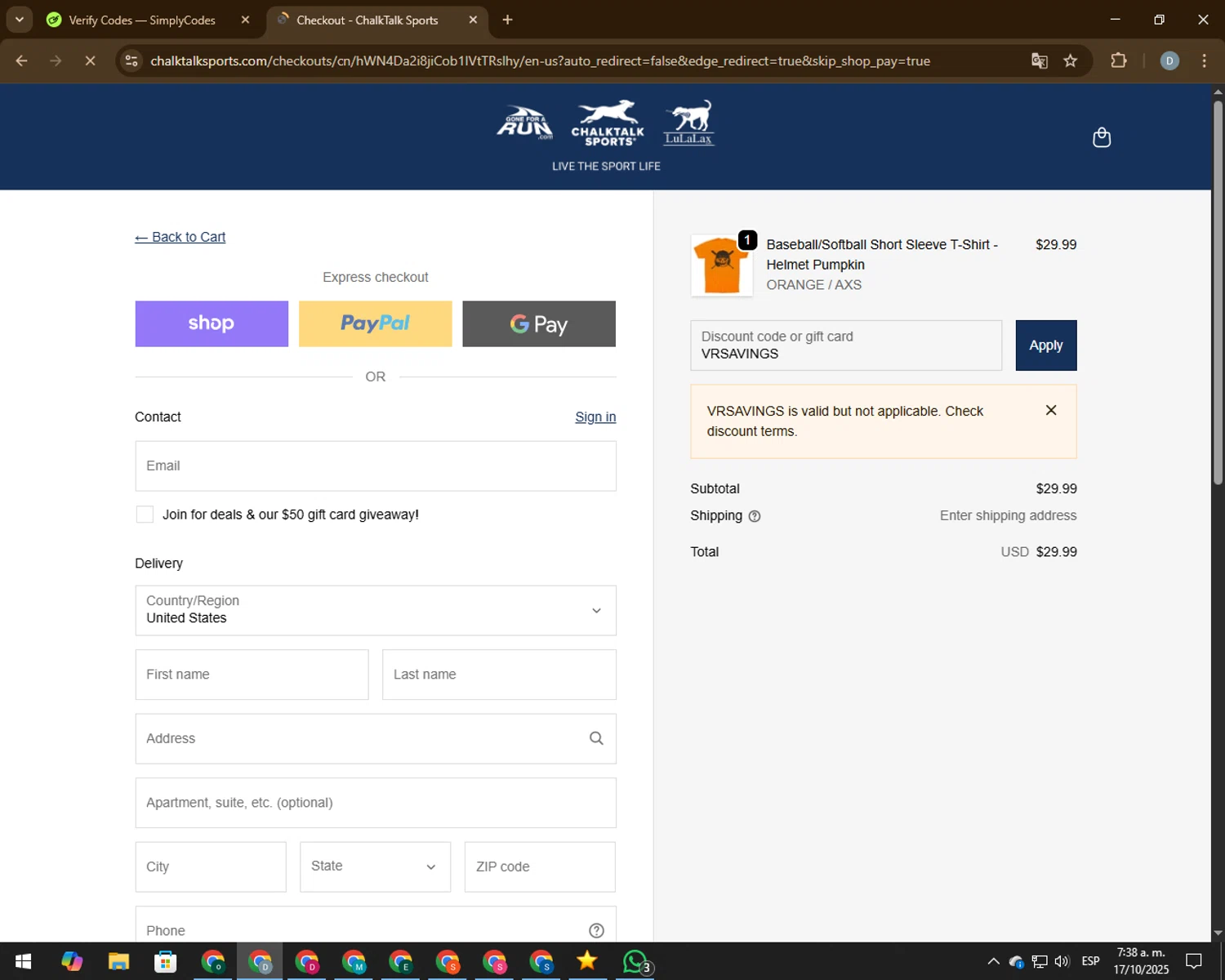ChalkTalkSports coupon code screenshot showing code VRSAVINGS applied at ChalkTalkSports checkout page. Uploaded by SimplyCodes community member CodeVoyager5621 on Oct 17, 2025