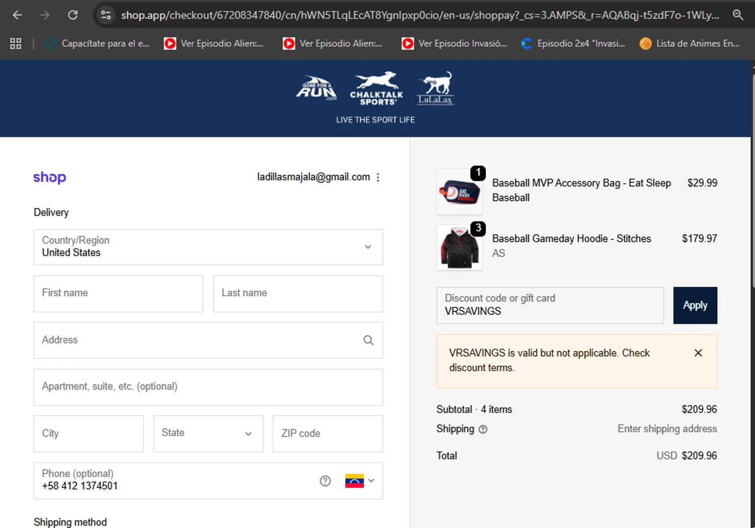 ChalkTalkSports coupon code screenshot showing code VRSAVINGS applied at ChalkTalkSports checkout page. Uploaded by SimplyCodes community member eduardolopez on Nov 19, 2025