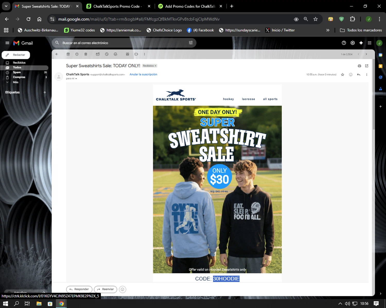ChalkTalkSports coupon code screenshot showing code 30HOODIE applied at ChalkTalkSports checkout page. Uploaded by SimplyCodes community member Codehunter on Feb 8, 2026