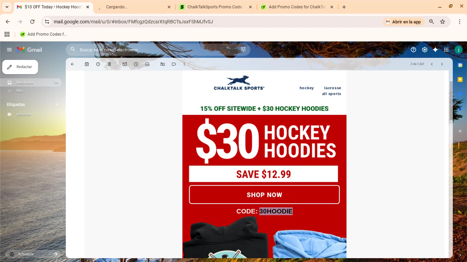 ChalkTalkSports coupon code screenshot showing code 30HOODIE applied at ChalkTalkSports checkout page. Uploaded by SimplyCodes community member yennifergonzalez on Dec 3, 2025