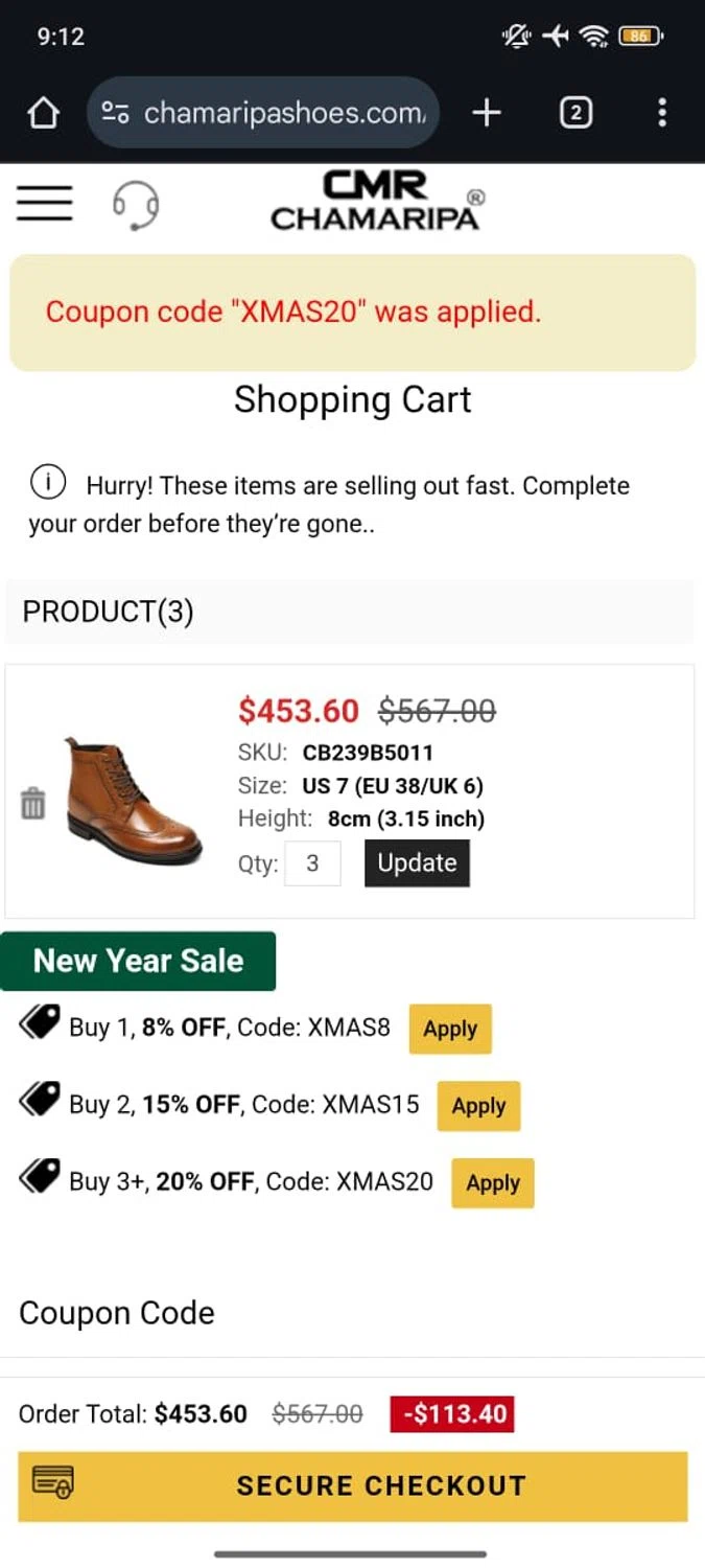 Chamaripa Shoes promo code screenshot showing code XMAS20 applied at Chamaripa Shoes checkout page. Uploaded by SimplyCodes community member RoyalSpotter5217 on Jan 2, 2026