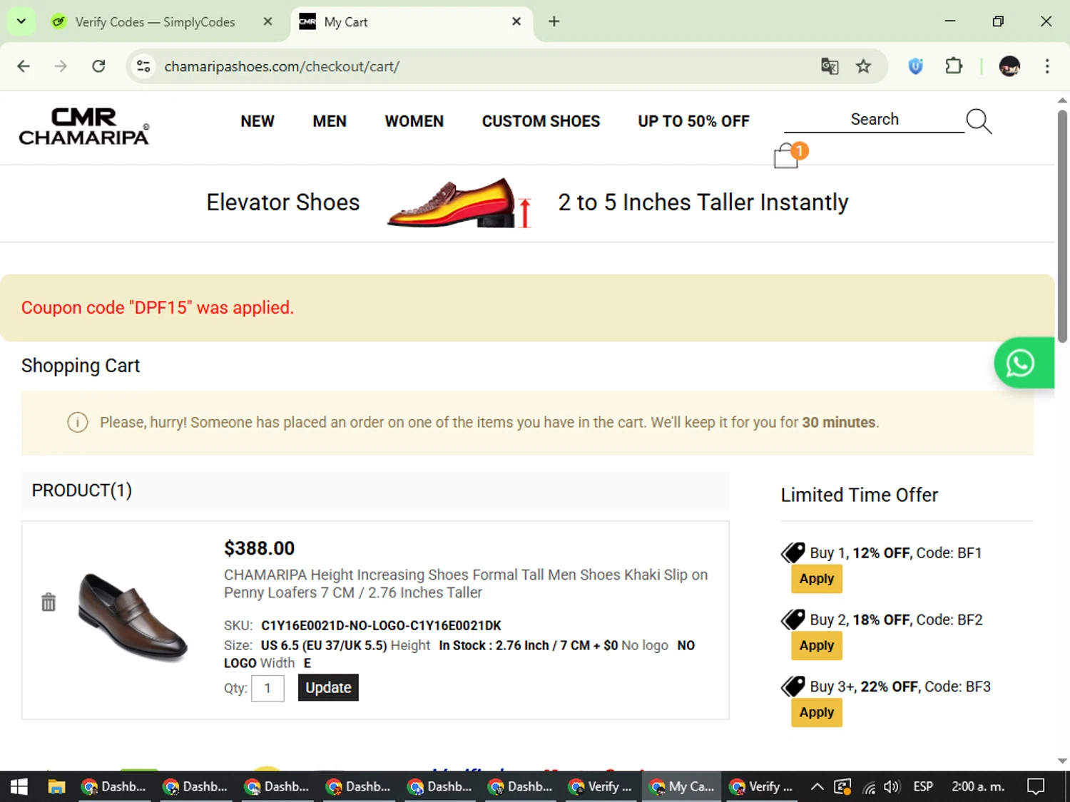 Chamaripa Shoes checkout page showing Chamaripa Shoes promo code box | Screenshot taken by SimplyCodes community member on Nov 20, 2025