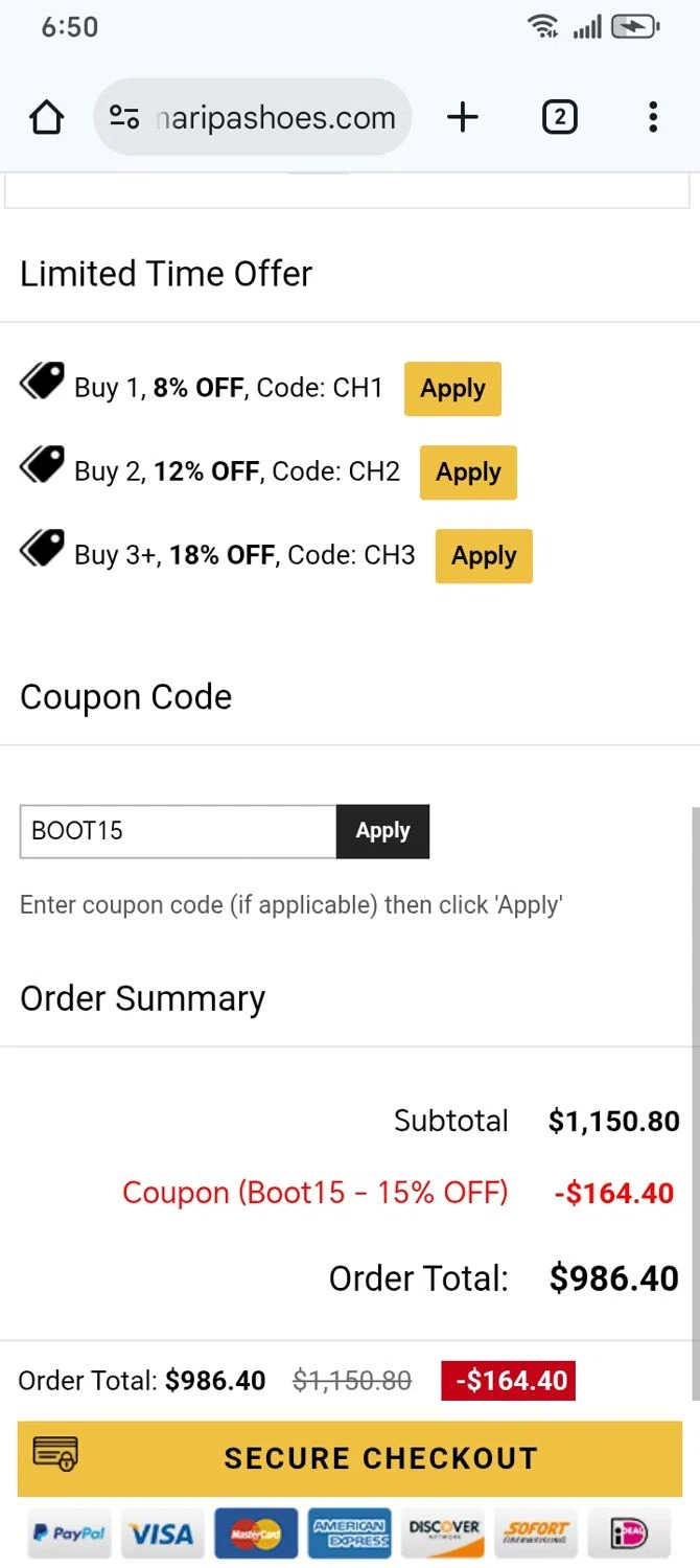 Chamaripa Shoes promo code screenshot showing code BOOT15 applied at Chamaripa Shoes checkout page. Uploaded by SimplyCodes community member franksanchez on Sep 3, 2025