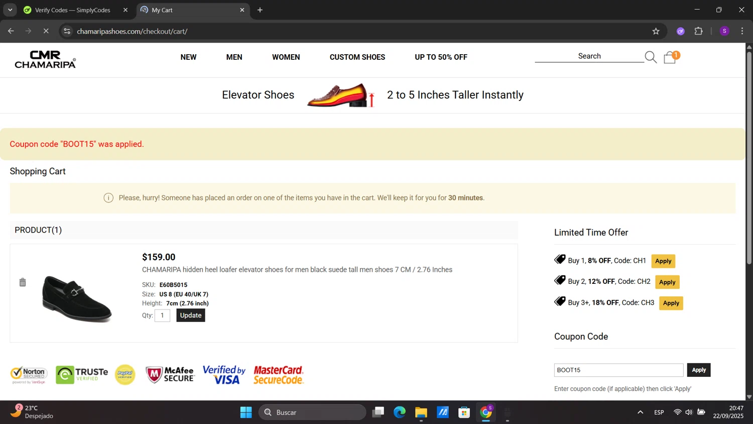 Chamaripa Shoes promo code screenshot showing code BOOT15 applied at Chamaripa Shoes checkout page. Uploaded by SimplyCodes community member sorialbam on Sep 23, 2025