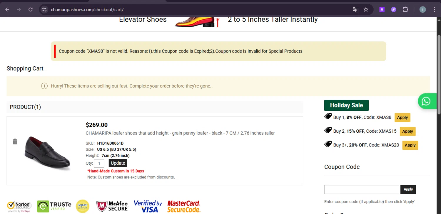 Chamaripa Shoes promo code screenshot showing code XMAS8 applied at Chamaripa Shoes checkout page. Uploaded by SimplyCodes community member PrimeSentinel5869 on Dec 4, 2025