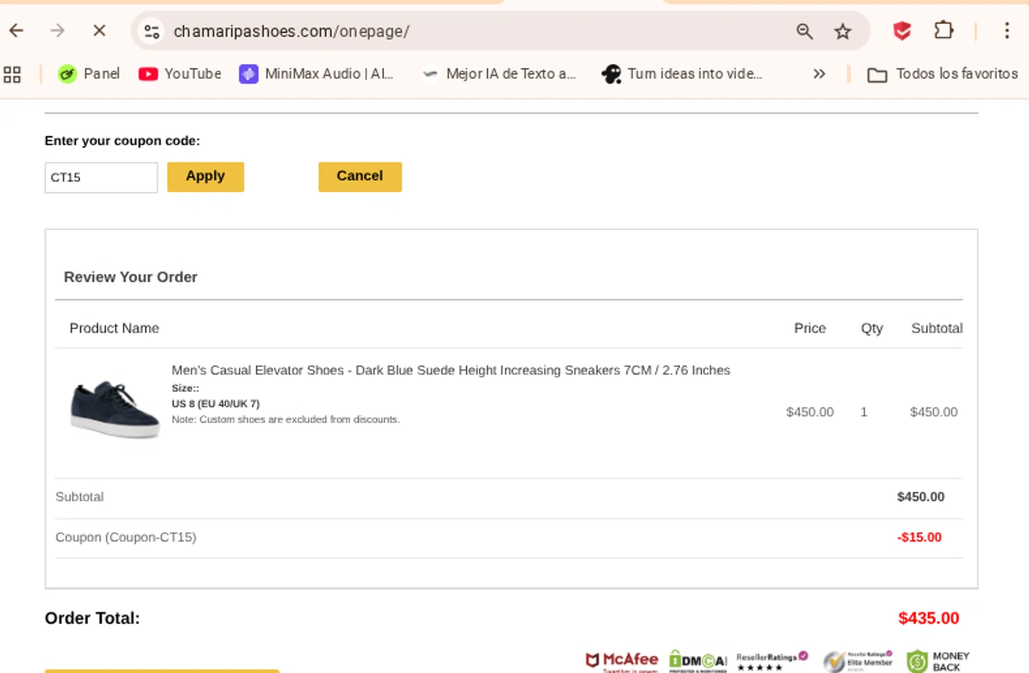Chamaripa Shoes promo code screenshot showing code CT15 applied at Chamaripa Shoes checkout page. Uploaded by SimplyCodes community member Mosue17 on Nov 14, 2025