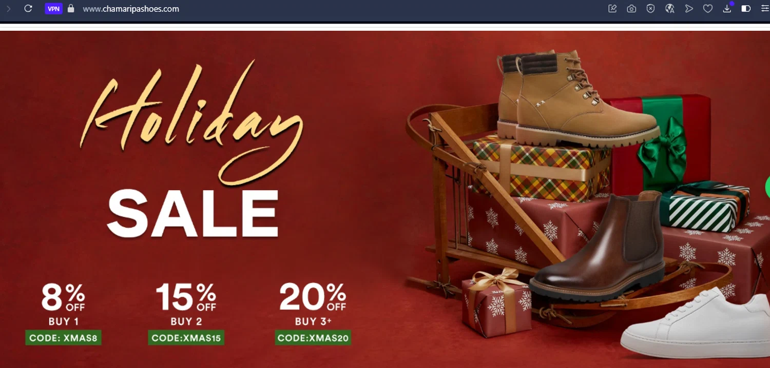 Chamaripa Shoes promo code screenshot showing code XMAS15 applied at Chamaripa Shoes checkout page. Uploaded by SimplyCodes community member eudorasuarez on Dec 4, 2025