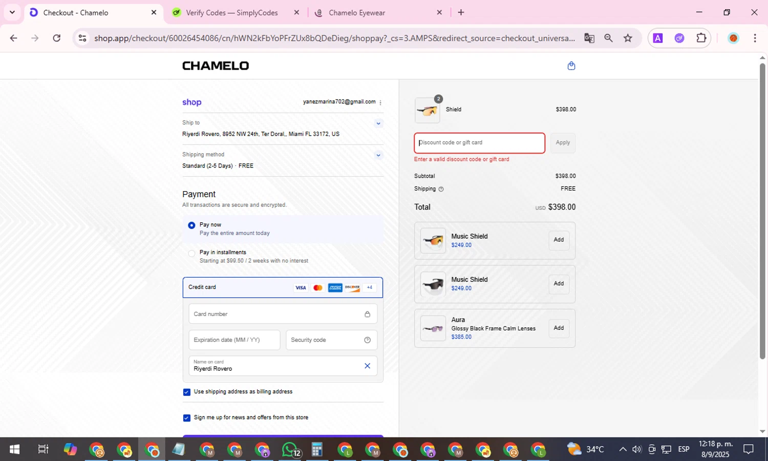 Chamelo discount code screenshot showing code PRIMEAUG50 applied at Chamelo checkout page. Uploaded by SimplyCodes community member ShieldDefender9117 on Sep 8, 2025