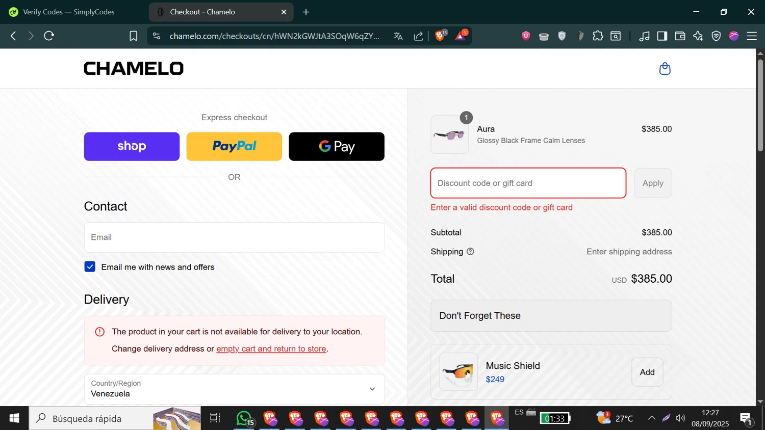 Chamelo discount code screenshot showing code PRIMEAUG50 applied at Chamelo checkout page. Uploaded by SimplyCodes community member ValueSaver6763 on Sep 8, 2025