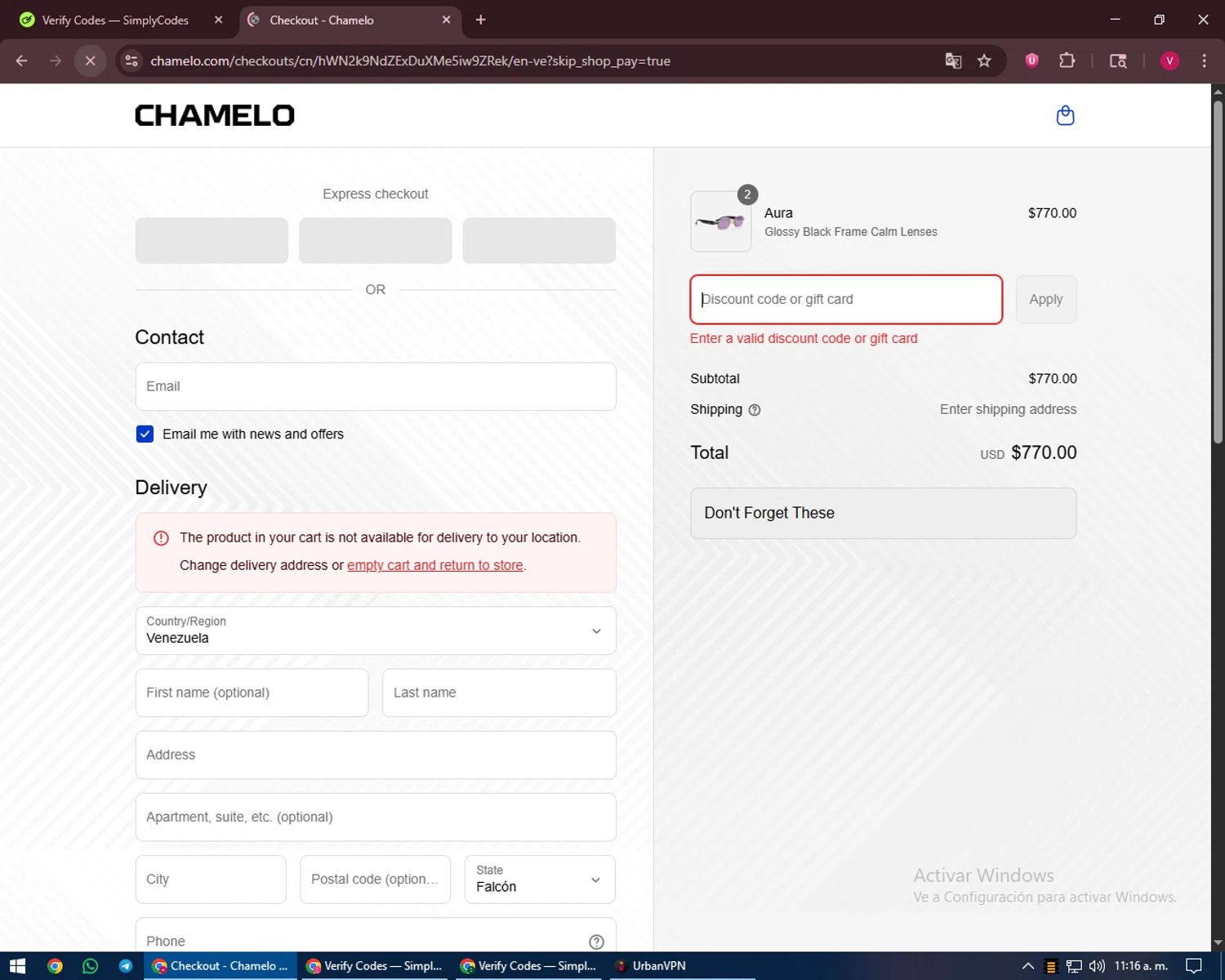 Chamelo discount code screenshot showing code MUSICSHIELDAUG50 applied at Chamelo checkout page. Uploaded by SimplyCodes community member ShieldEagle6102 on Sep 8, 2025