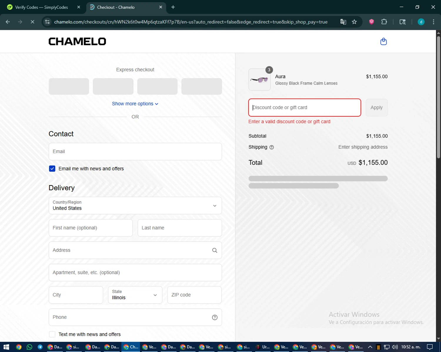 Chamelo discount code screenshot showing code DuskAug50 applied at Chamelo checkout page. Uploaded by SimplyCodes community member CodeMaverick5767 on Sep 8, 2025