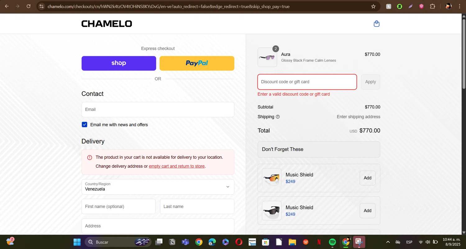 Chamelo discount code screenshot showing code DuskAug50 applied at Chamelo checkout page. Uploaded by SimplyCodes community member ERI0810 on Sep 8, 2025