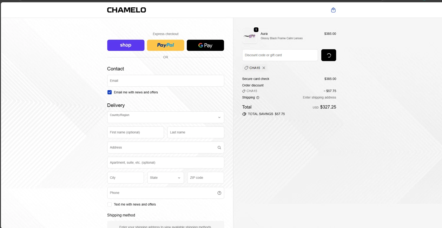 Chamelo checkout page showing Chamelo discount code box | Screenshot taken by SimplyCodes community member on Oct 11, 2025
